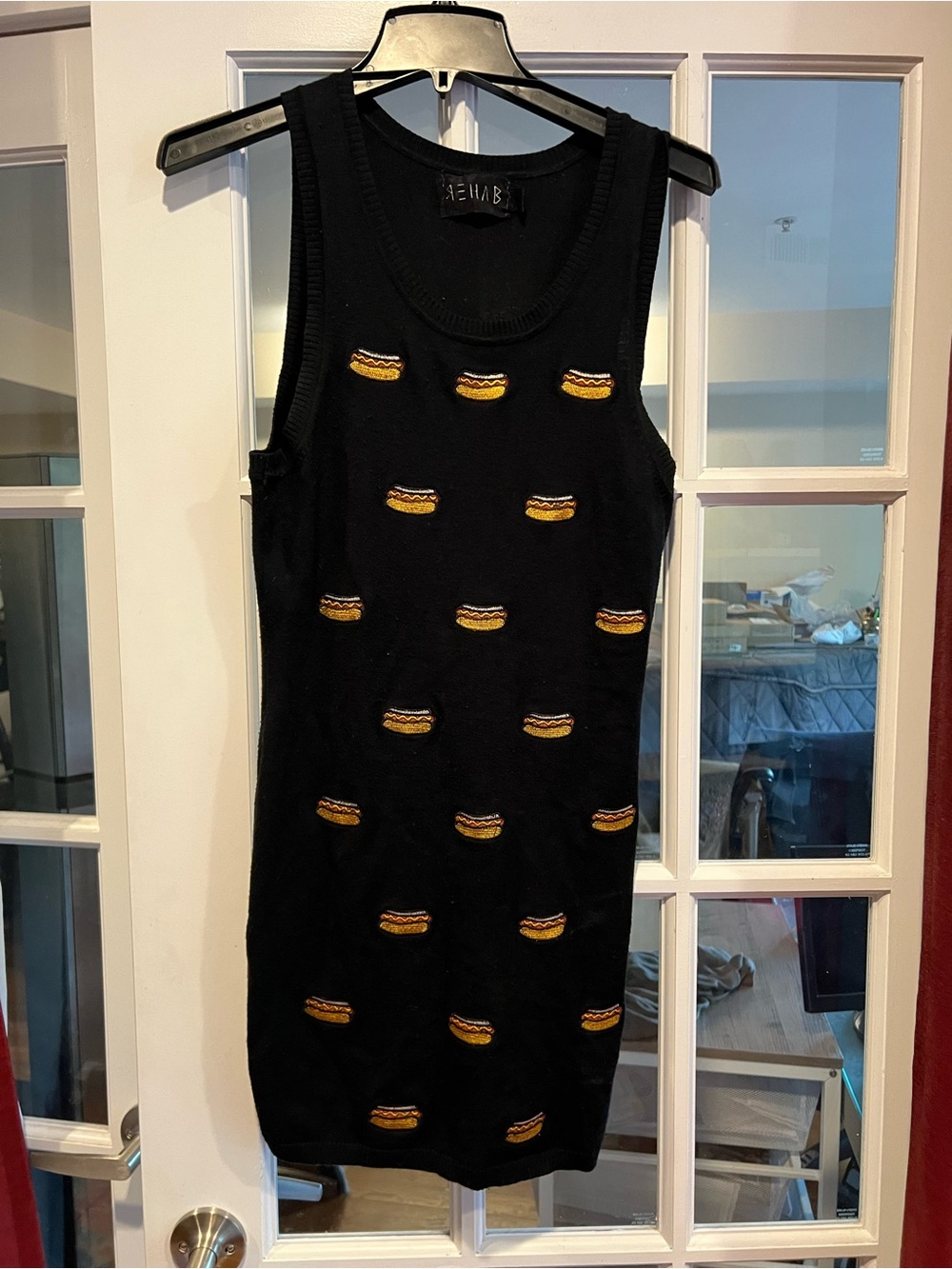 Rehab Black Sleeveless Midi Dress with Yellow Hot Dog Embroidery